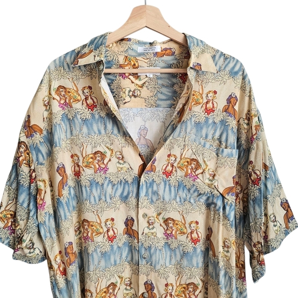 Vintage Pierre Cardin Hawaiian Lua Pin Up Model Button Down Short Sleeve Shirt - Picture 2 of 6